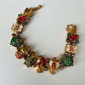 Vintage SIGNED TOFA Slide‎ Charm Bracelet Holiday Christmas Enamel & gold tone